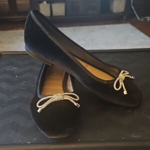 Kelly & Katie Black Velvet Flats with Gold Bow